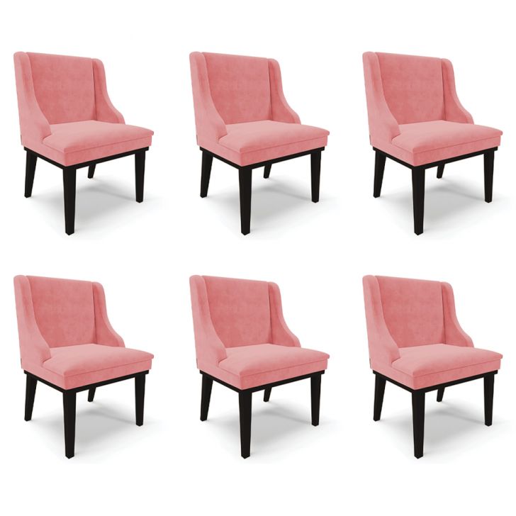 Kit 6 Cadeiras Decorativas Sala de Jantar Base Fixa de Madeira Firenze Suede Rosê/Preto G19 - Gran Belo