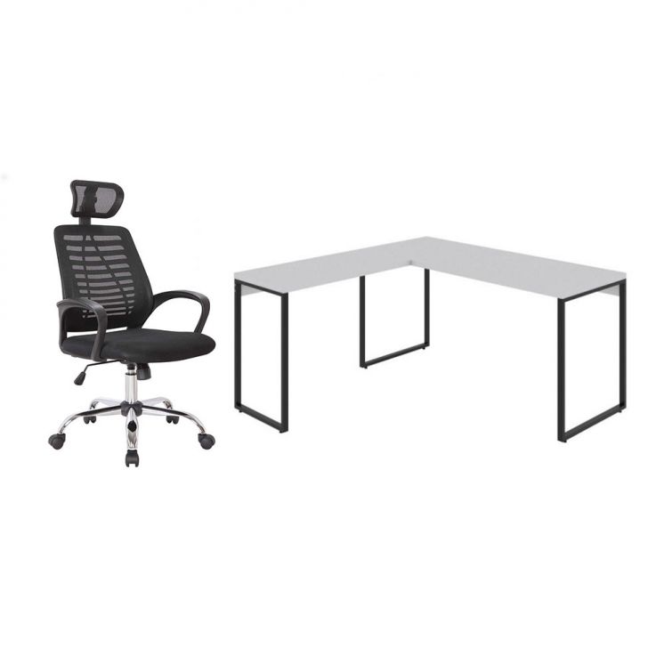Conjunto de Mesa Kuadra Branca II 150 cm com Cadeira de Escritório Diretor Giratória Light Preta
