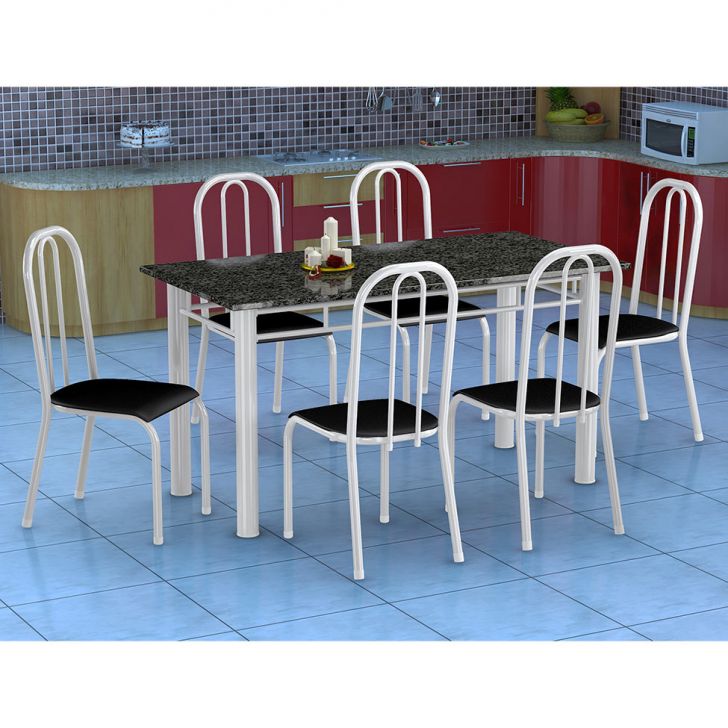 Conjunto De Mesa Granada Com 6 Cadeiras Madri Branco E Preto Liso Gr