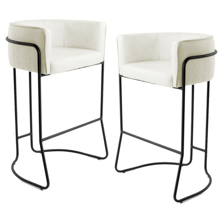 Kit 2 Banquetas Decorativas Base Aço Preto Betina B-309 Veludo Bege Fosco - Domi