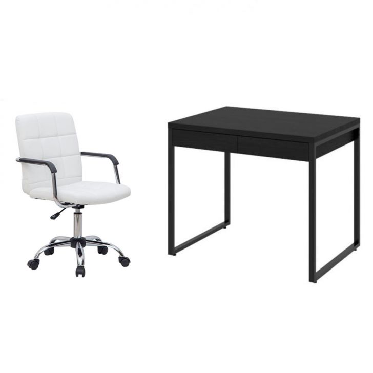 Conjunto de Mesa Kuadra 2 GV Preta com Cadeira de Escritório Secretária Giratória Fitz Branca