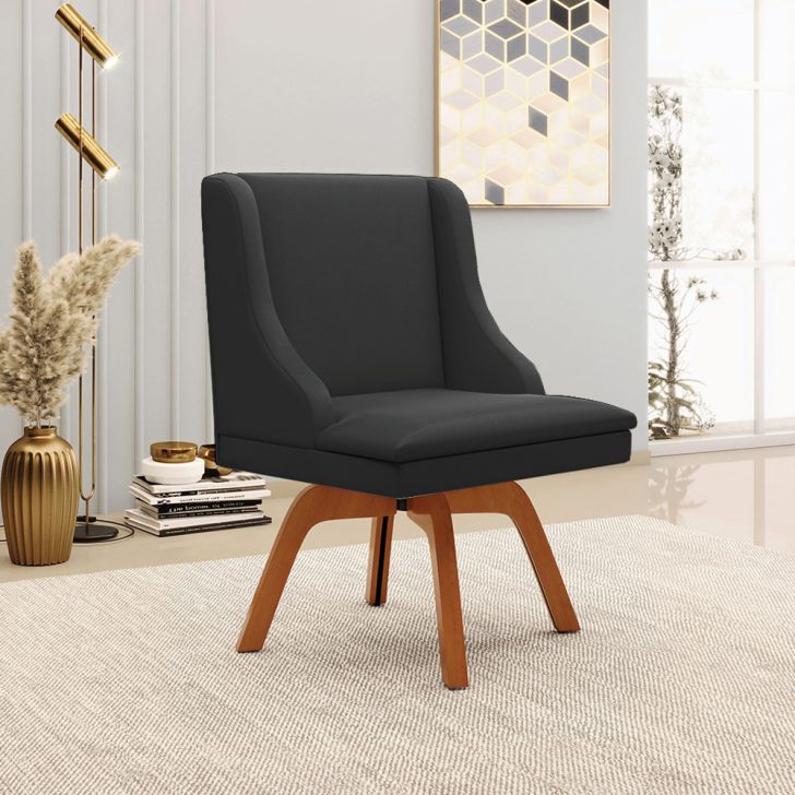 Cadeira Decorativa Sala de Jantar Base Giratória de Madeira Firenze PU Preto Fosco/Natural G19 - Gran Belo
