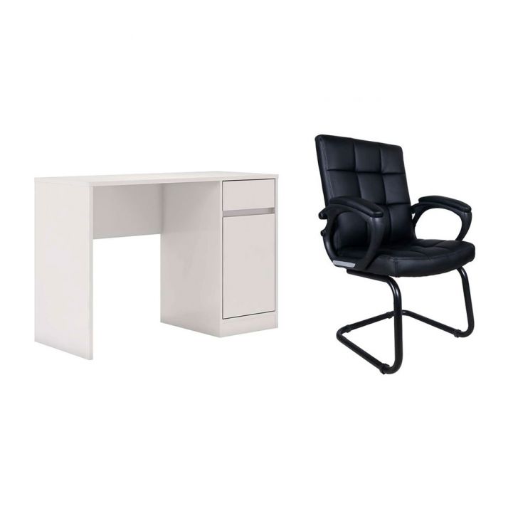 Conjunto de Mesa Morada 1 PT 1 GV Branca com Cadeira de Escritório Interlocutor Fixa Charles Preta