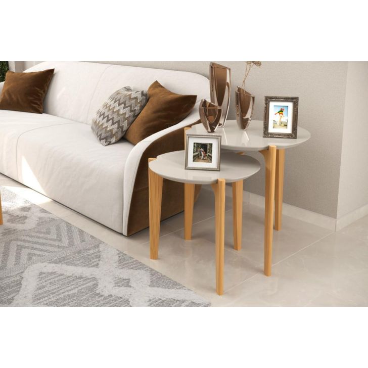 Conj. Mesas Laterais Caribe 60Cm + 50Cm - Off White Perolizado/Freijo