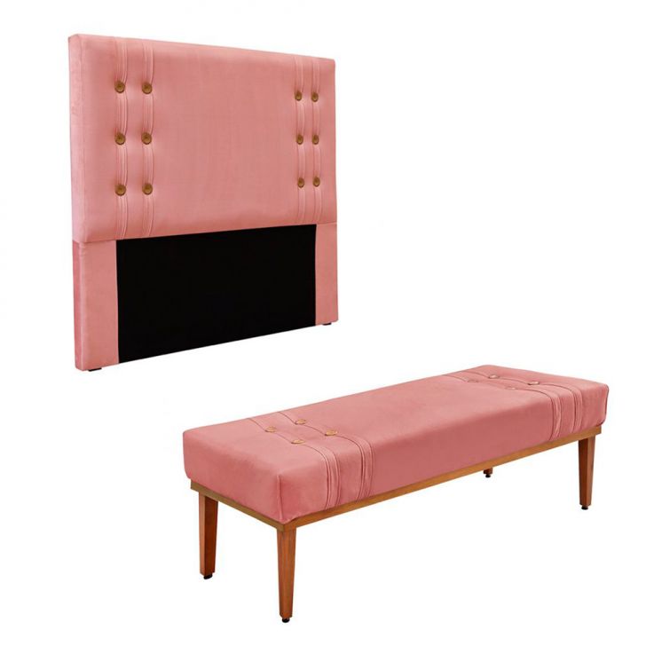 Conjunto de Cabeceira Casal com Recamier Gênova Veludo Rosa