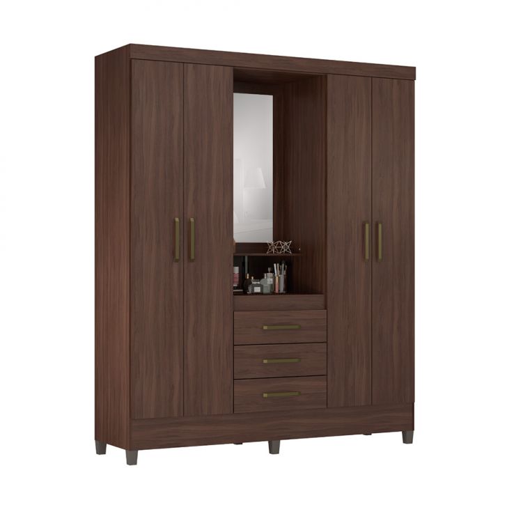 Guarda-roupa Solteiro Com Espelho Capelinha 4 Portas 3 Gavetas Café