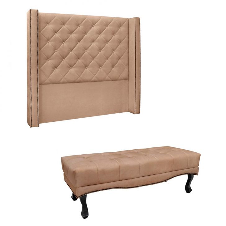 Conjunto de Cabeceira Solteiro com Recamier Vicenza Suede Bege