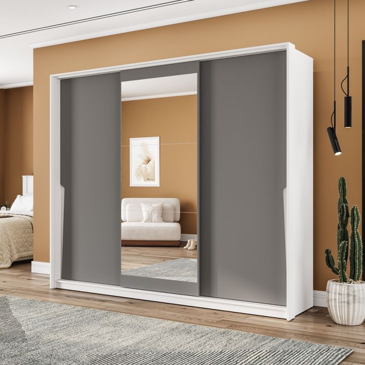 Guarda-roupa Casal Com Espelho Porto 3 Portas 4 Gavetas Branco E Cinza
