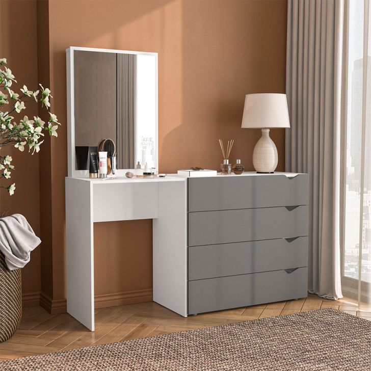 Cômoda Com Espelho Porto 4 Gavetas Branca E Cinza