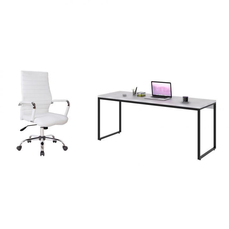 Conjunto de Mesa Studio Preta 180 cm com Cadeira de Escritório Diretor Giratória Cleaner Branca
