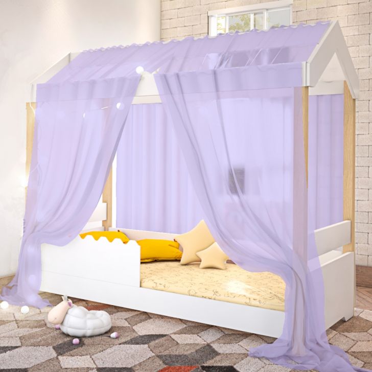 Cama de Solteiro Poppy Branco Voal Lilás com Colchão e LED