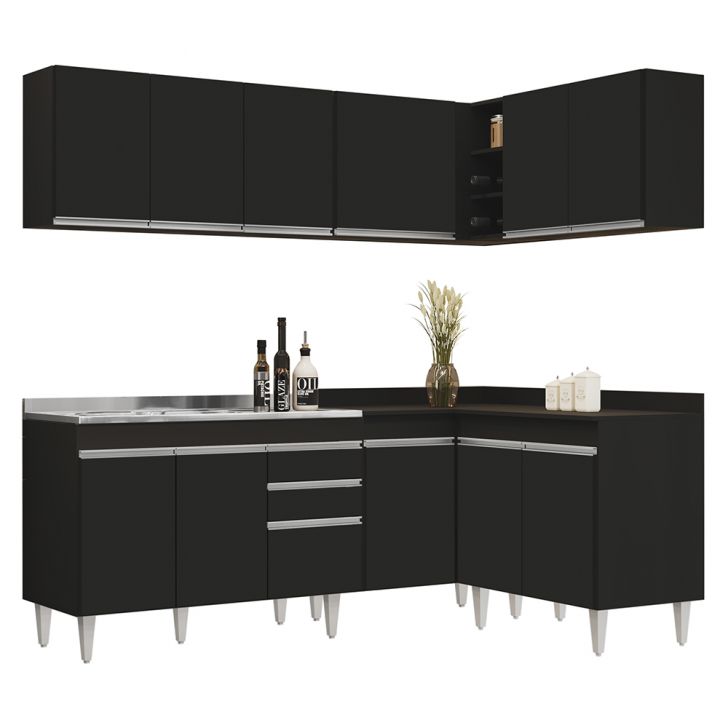 Armário de Cozinha Modulado de Canto 6 Peças CP30 com Pia Inox Preto - Lumil