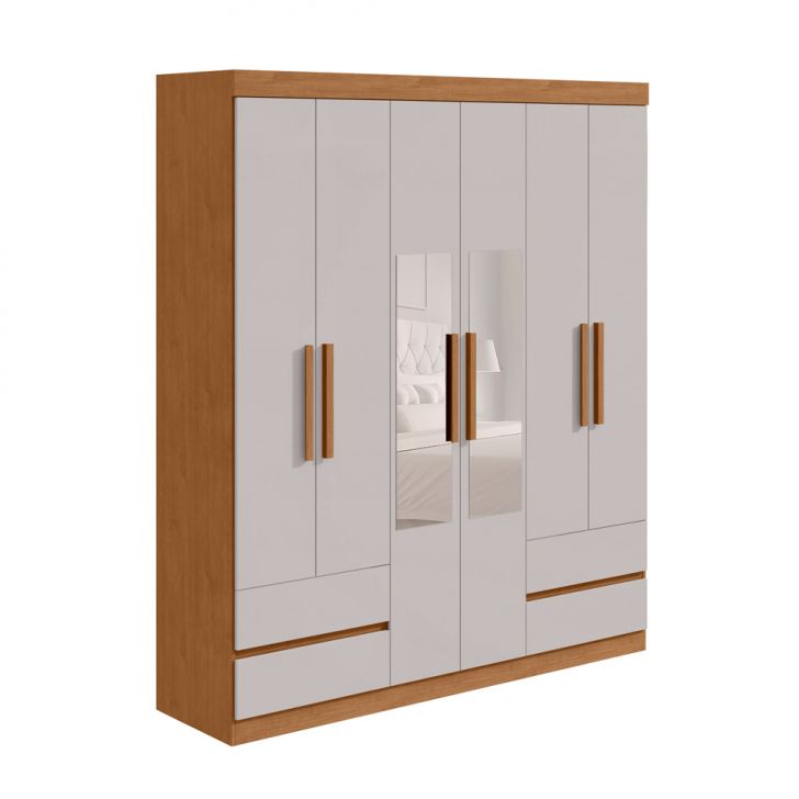 Guarda-roupa Casal Com Espelho Zeus Sem Pés 6 Portas 4 Gavetas Off White E Amêndoa