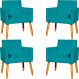 Kit 4 Poltronas Decorativas Para Sala, Manicure, Quarto, Nina Suede Azul Turquesa Pé Castanho - Clique E Decore