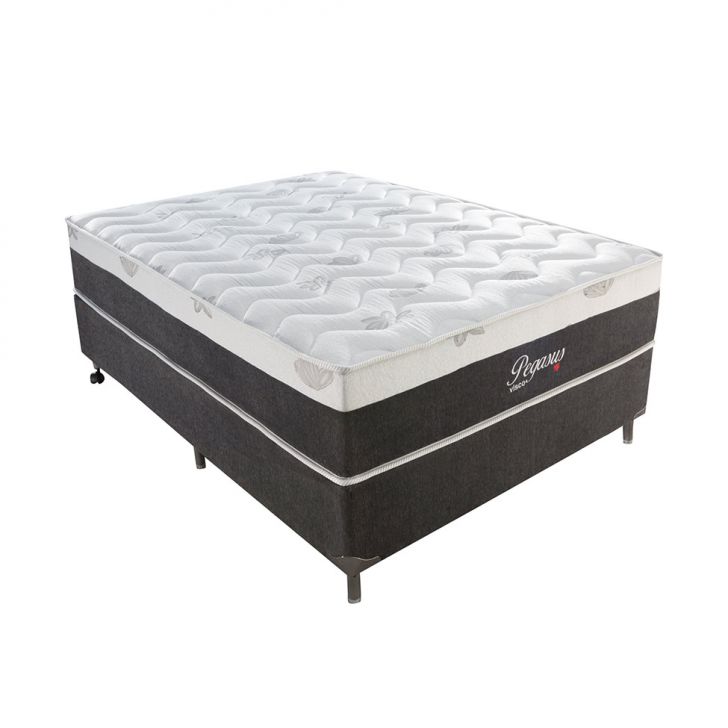 Cama Box Casal Pegasus Com Colchão Casal Molas Ensacadas Cinza E Branca