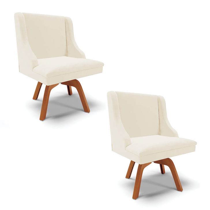 Kit 02 Cadeiras de Jantar Liz Veludo Bege Base Giratória de Madeira MM35 - D'Rossi