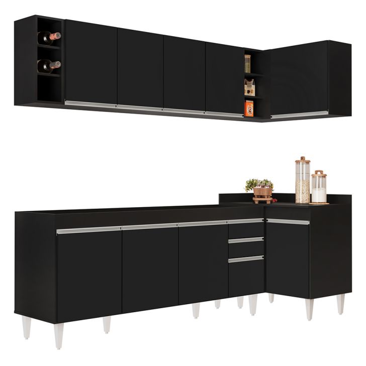 Armário de Cozinha Modulado de Canto Esquerdo 5 Peças CP52 Balcão sem Tampo Preto - Lumil