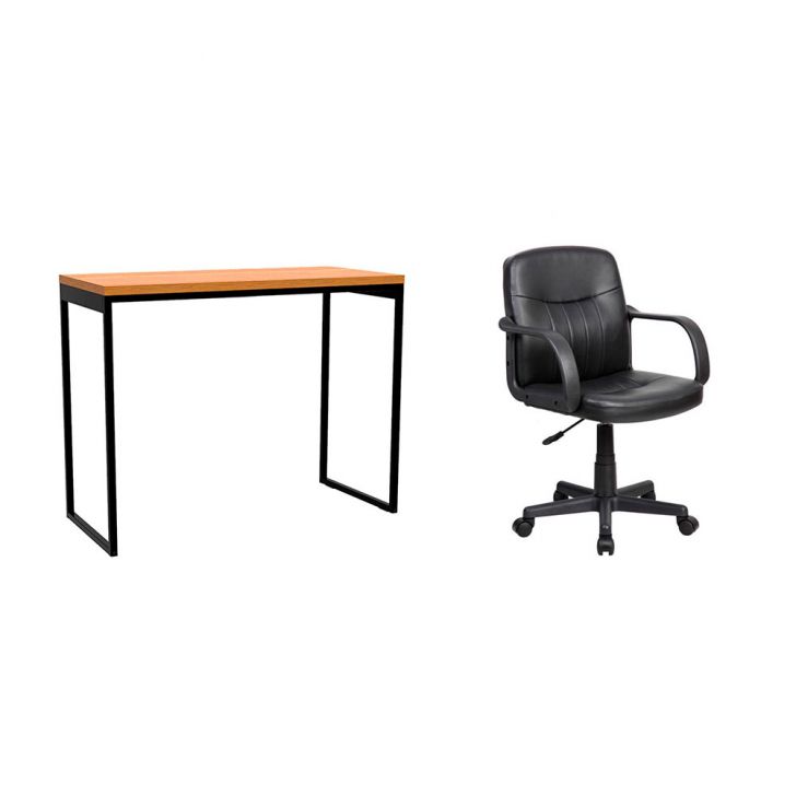 Conjunto de Mesa Stanford Carvalho com Cadeira de Escritório Secretária Giratória Clean Preta