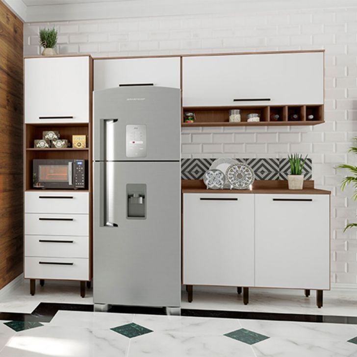 Cozinha Compacta Evolution 5 Portas 4 Gavetas Branco e Tannat