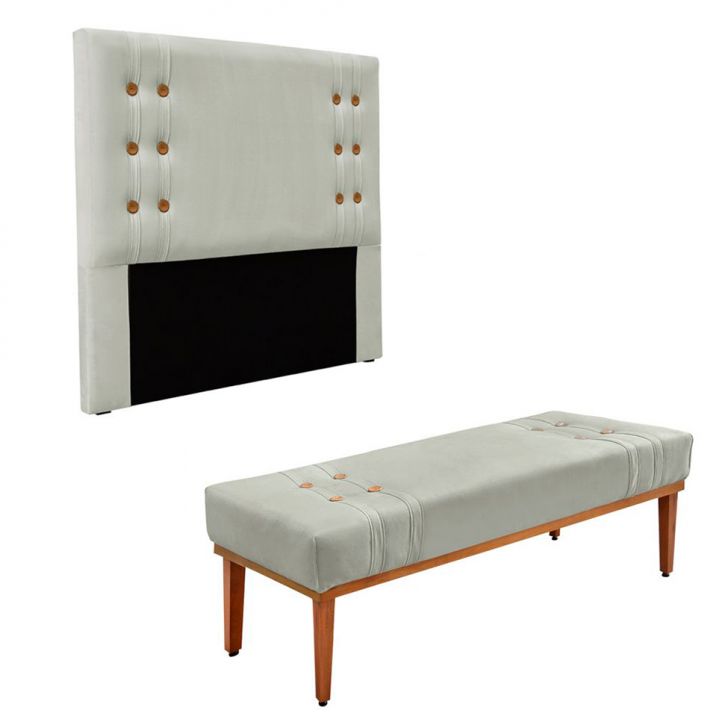 Conjunto de Cabeceira Queen com Recamier Gênova Veludo Prata