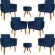 Kit 6 Poltronas Decorativas Para Sala, Recepção Nina + 2 Puff Redondo Suede Azul Marinho Pé Castanho - Clique E Decore