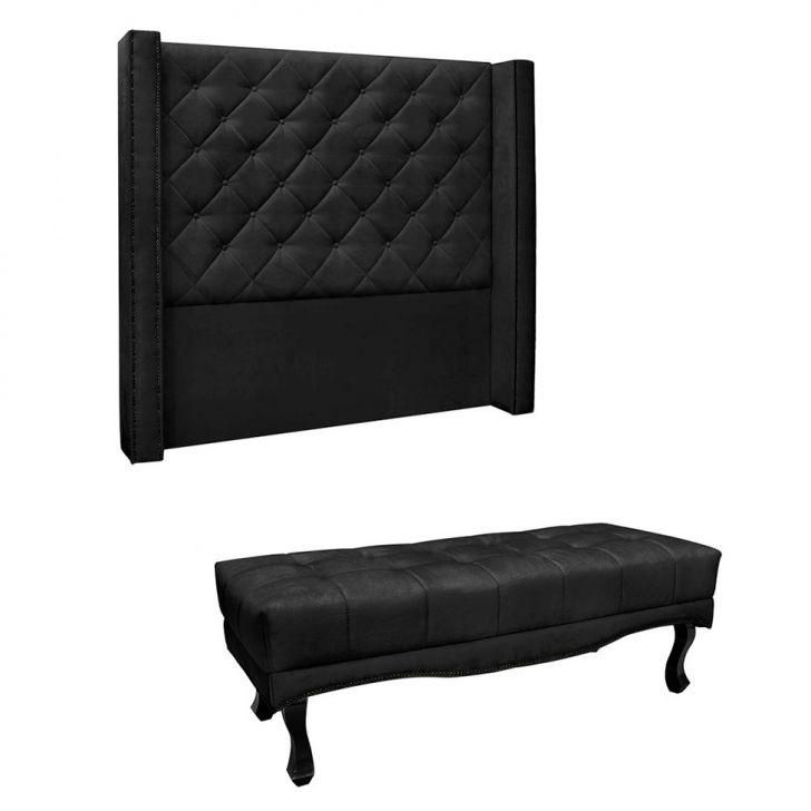 Conjunto de Cabeceira Casal com Recamier Vicenza Suede Preto