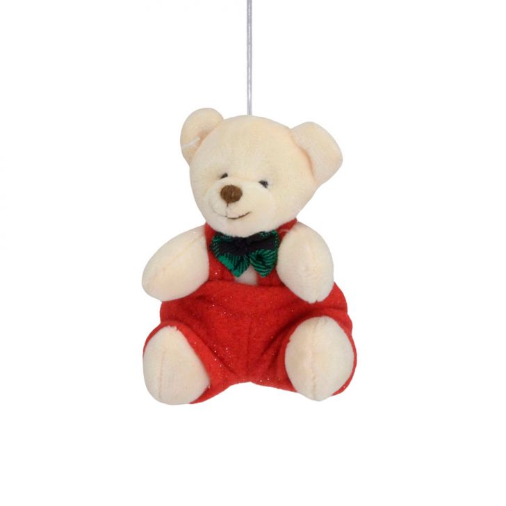 Enfeite Natalino para Árvore Espressione Urso com Macacão Bege e Vermelho 11 cm