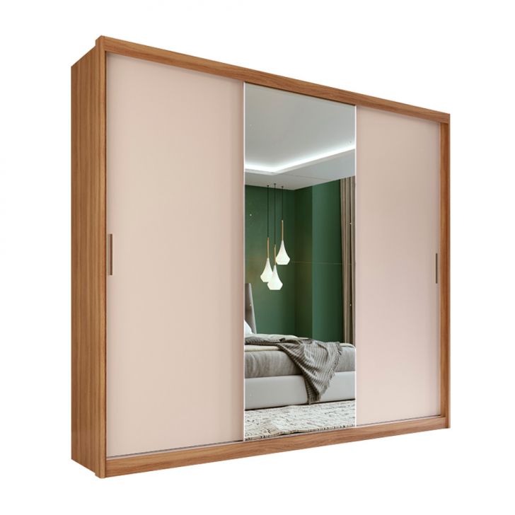 Guarda-roupa Casal Com Espelho Dalila Flex Com Prateleiras 3 Portas 2 Gavetas Amêndola E Off White