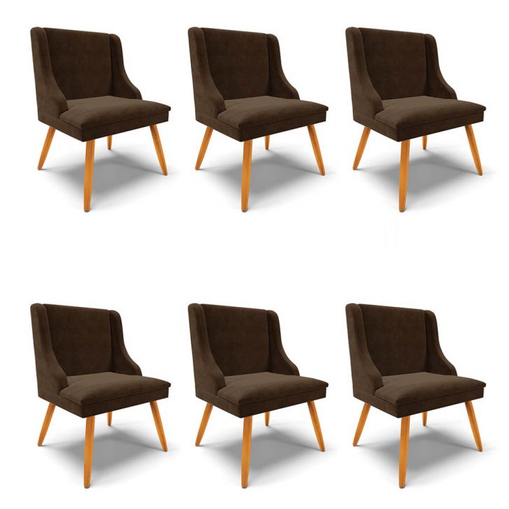 Kit 6 Cadeiras Estofadas para Sala de Jantar Pés Palito Lia Suede Marrom - Ibiza