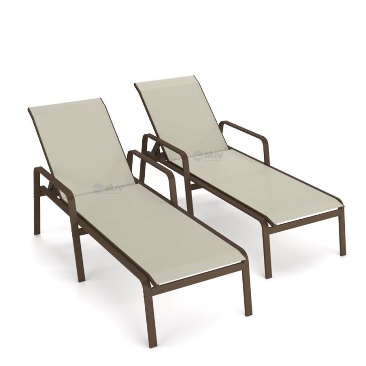 Kit 2 Espreguiçadeira Piscina Alumínio Marrom Tela Bege