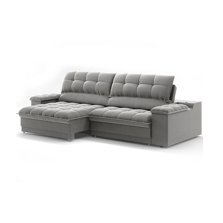 Image of Sofá 3 Lugares Retrátil E Reclinável Helen Com Usb E Porta-copos Veludo Cinza 210 Cm PLA-MO895UP25LNIMOB
