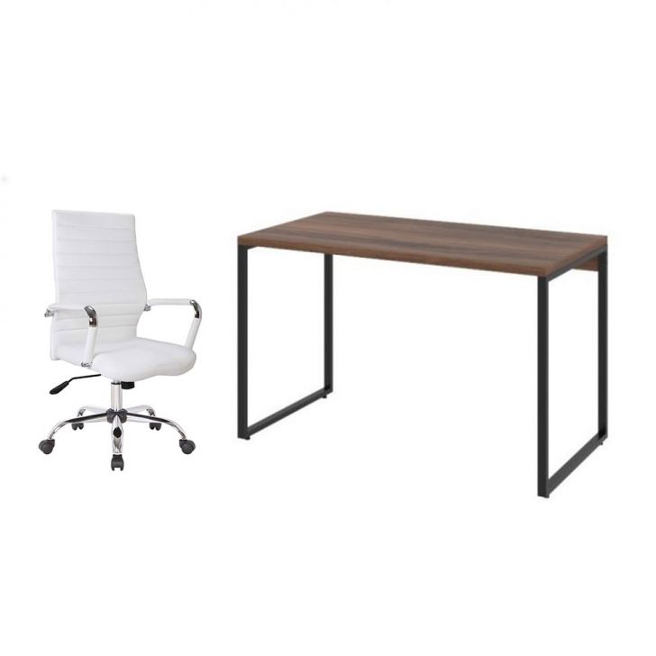 Conjunto de Mesa Kuadra Nogal 120 cm com Cadeira de Escritório Diretor Giratória Cleaner Branca