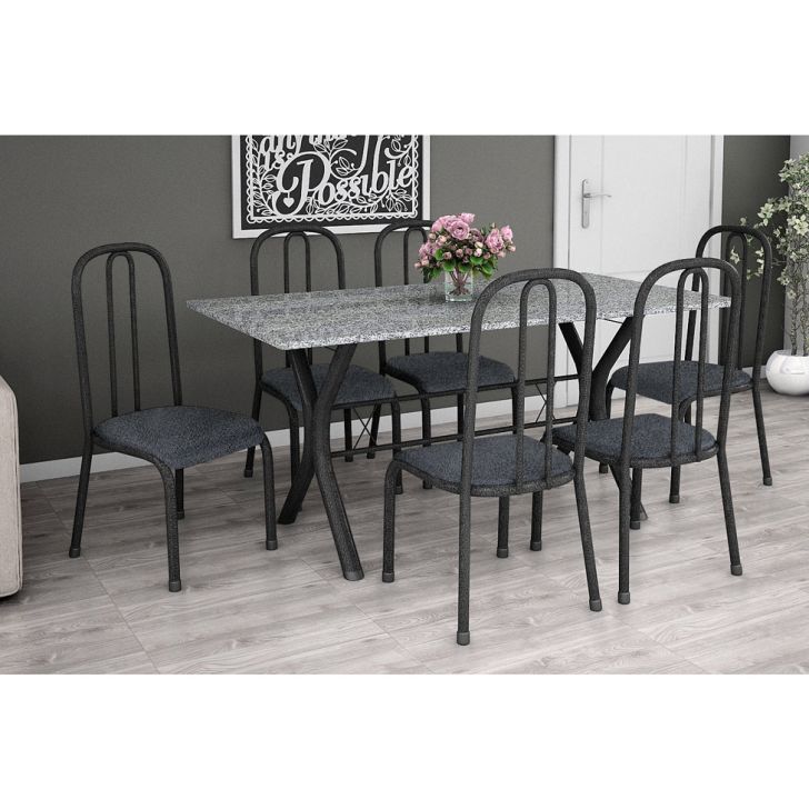 Conjunto De Mesa Miame 150 Cm Com 6 Cadeiras Madri Preto E Mesclado Petróleo