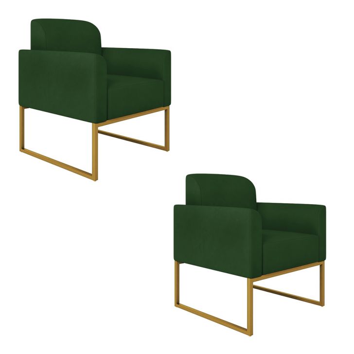 Kit 02 Poltronas Marisa Suede Verde Base Industrial Metálica Dourado D'Rossi