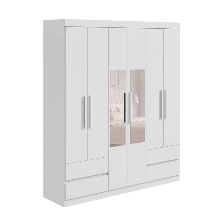 Guarda-roupa Casal Com Espelho Zeus Sem Pés 6 Portas 4 Gavetas Branco