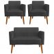 Conjunto Namoradeira e 2 Poltronas Decorativas Isabella Pés Palito Madeira Suede Preto G19 - Gran Belo