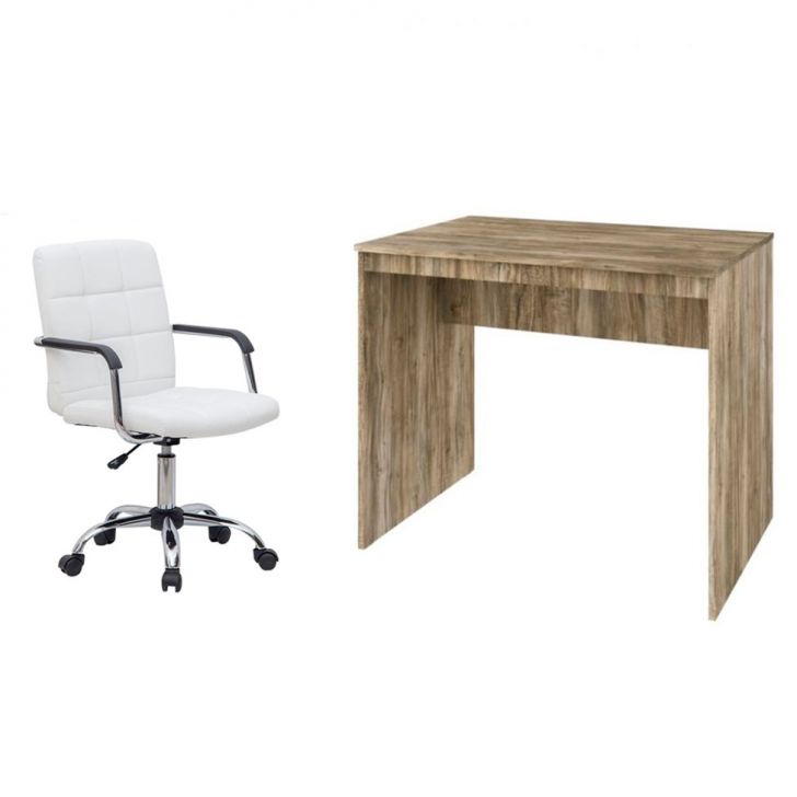 Conjunto de Mesa Office Carvalho com Cadeira de Escritório Secretária Giratória Fitz Branca