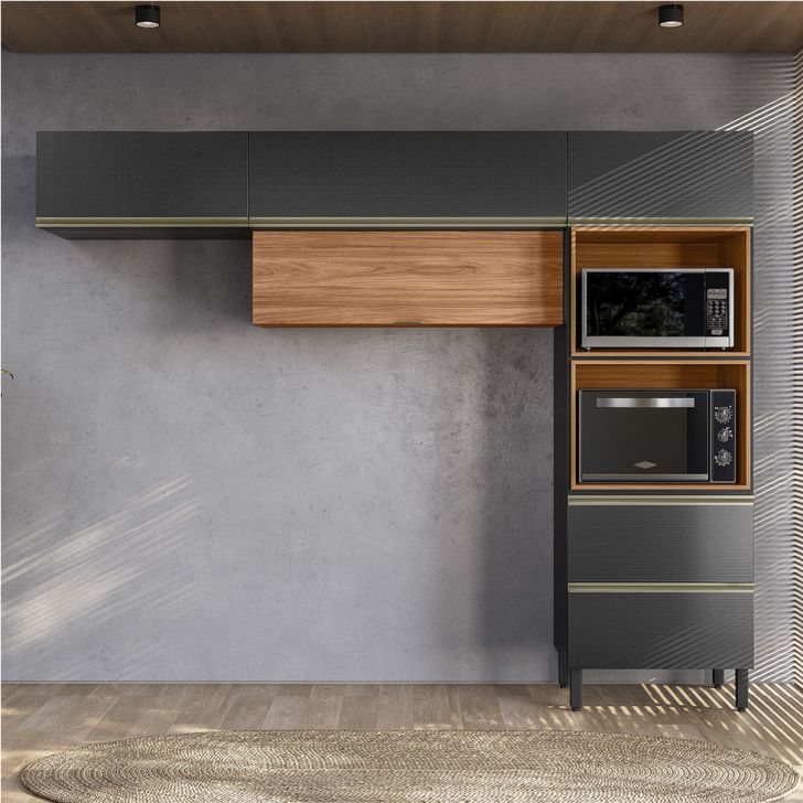 Armário de Cozinha Compacta Proença 5 Portas 1 Gaveta Carbono e Nogueira