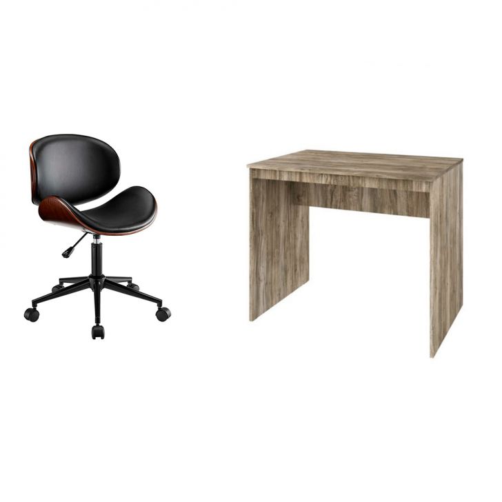 Conjunto de Mesa Office Carvalho com Cadeira de Escritório Diretor Giratória Bergen Preta