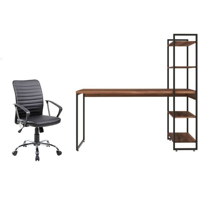 Conjunto de Mesa com Estante Nogal 146 cm com Cadeira de Escritório Diretor Giratória Oslo Preta