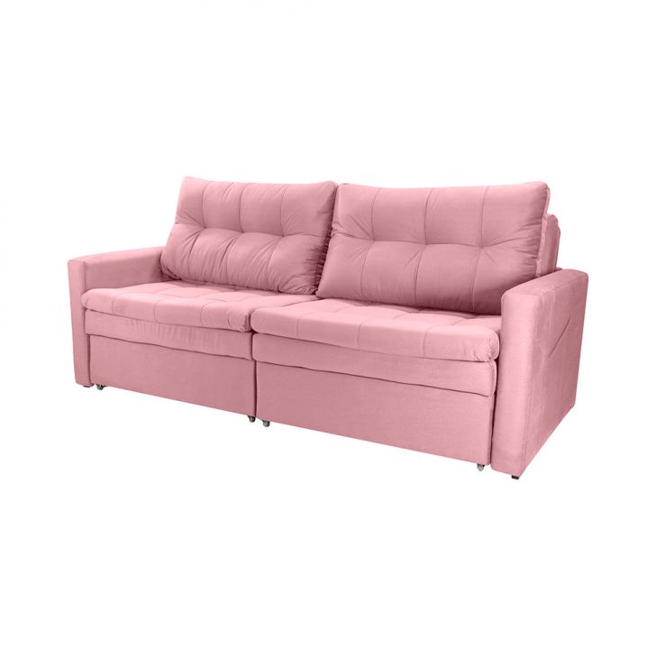 Sofá 3 Lugares Sem Caixa Retrátil e Reclinável Nayla Veludo Rosa 220 cm
