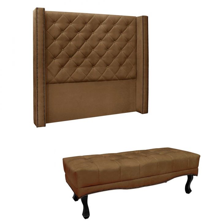 Conjunto de Cabeceira King com Recamier Vicenza Suede Caramelo