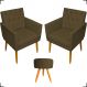 Kit 2 Poltronas Decorativas Nina Com Base E Capitonê + Puff Redondo Suede Marrom Pé Castanho - Clique E Decore