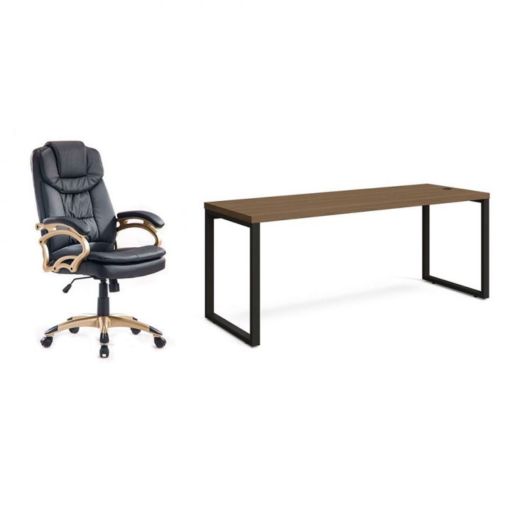 Conjunto de Mesa Munique Carvalho 190 cm com Cadeira de Escritório Presidente Giratória com Relax Clark Preta e Dourada