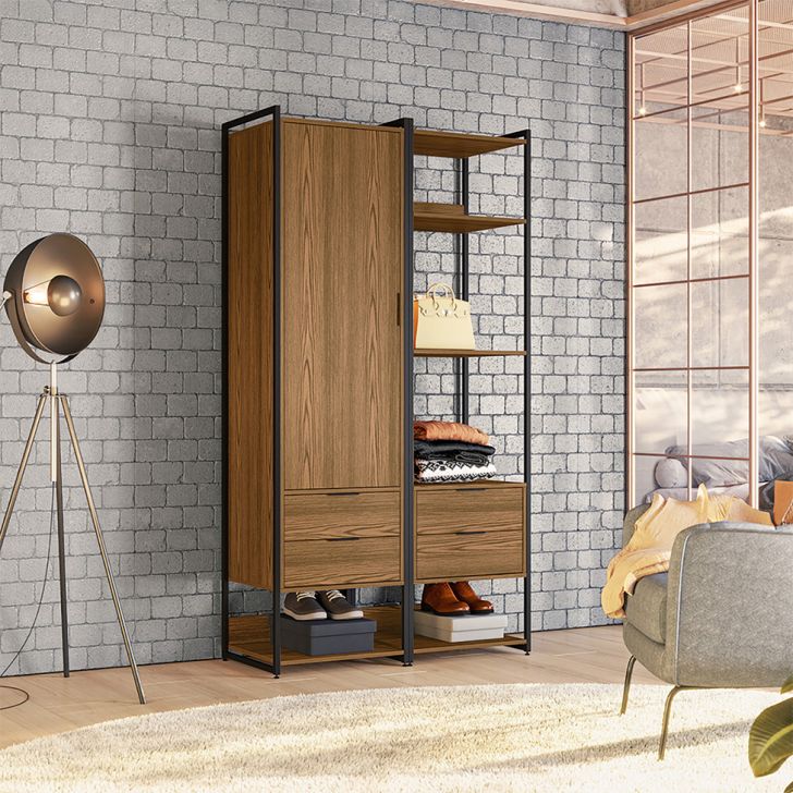 Guarda-roupa Closet Industrial Mital 1 Porta 4 Gavetas Conhaque E Preto