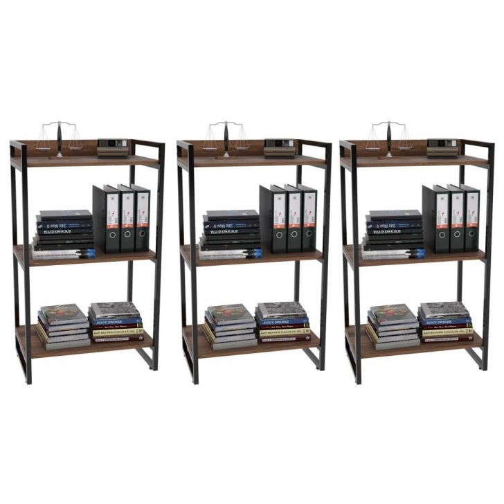 Kit 3 Estantes Livreiro Multiuso Prisma Estilo Industrial 60cm 3 Prateleiras C08 Nogal - Mpozenato