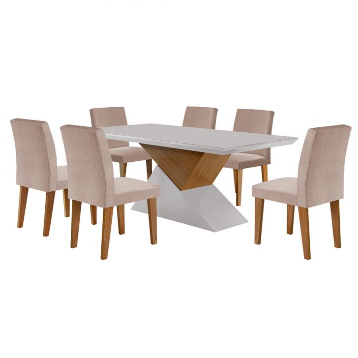 Conjunto De Mesa De Jantar Retangular Com Tampo De Vidro Off White Turmalina E 6 Cadeiras Grécia Linho Rústico E Imbuia