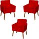Kit 3 Poltronas Para Sala Decorativa Confortáveis Beatriz Suede Vermelho Pé Castanho - Clique E Decore