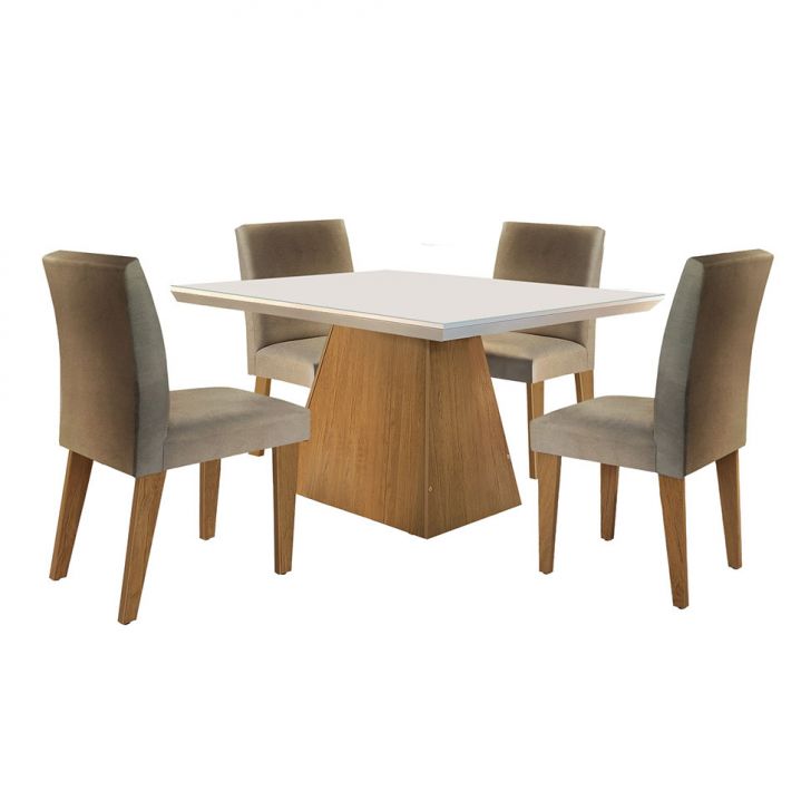 Conjunto De Mesa De Jantar Com Tampo De Vidro Luna E 4 Cadeiras Grécia Linho Bege E Imbuia