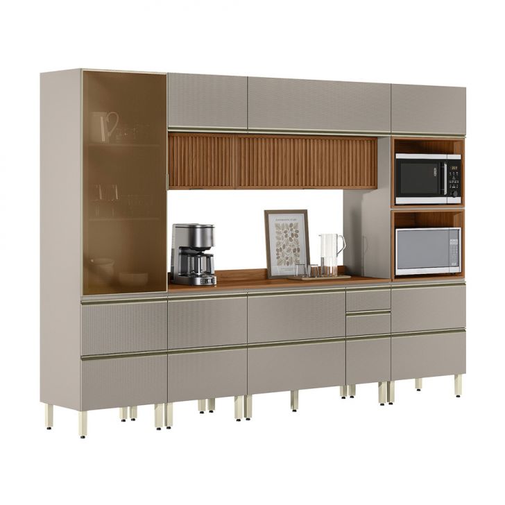 Armário de Cozinha Completa Ripada com 1 Vidro Reflecta Proença 9 Portas 8 Gavetas Nude e Nogueira